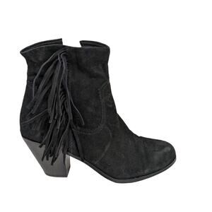 Sam Edelman Louie Boots 10 Black Suede Leather Fringe Zip Up Heels Booties